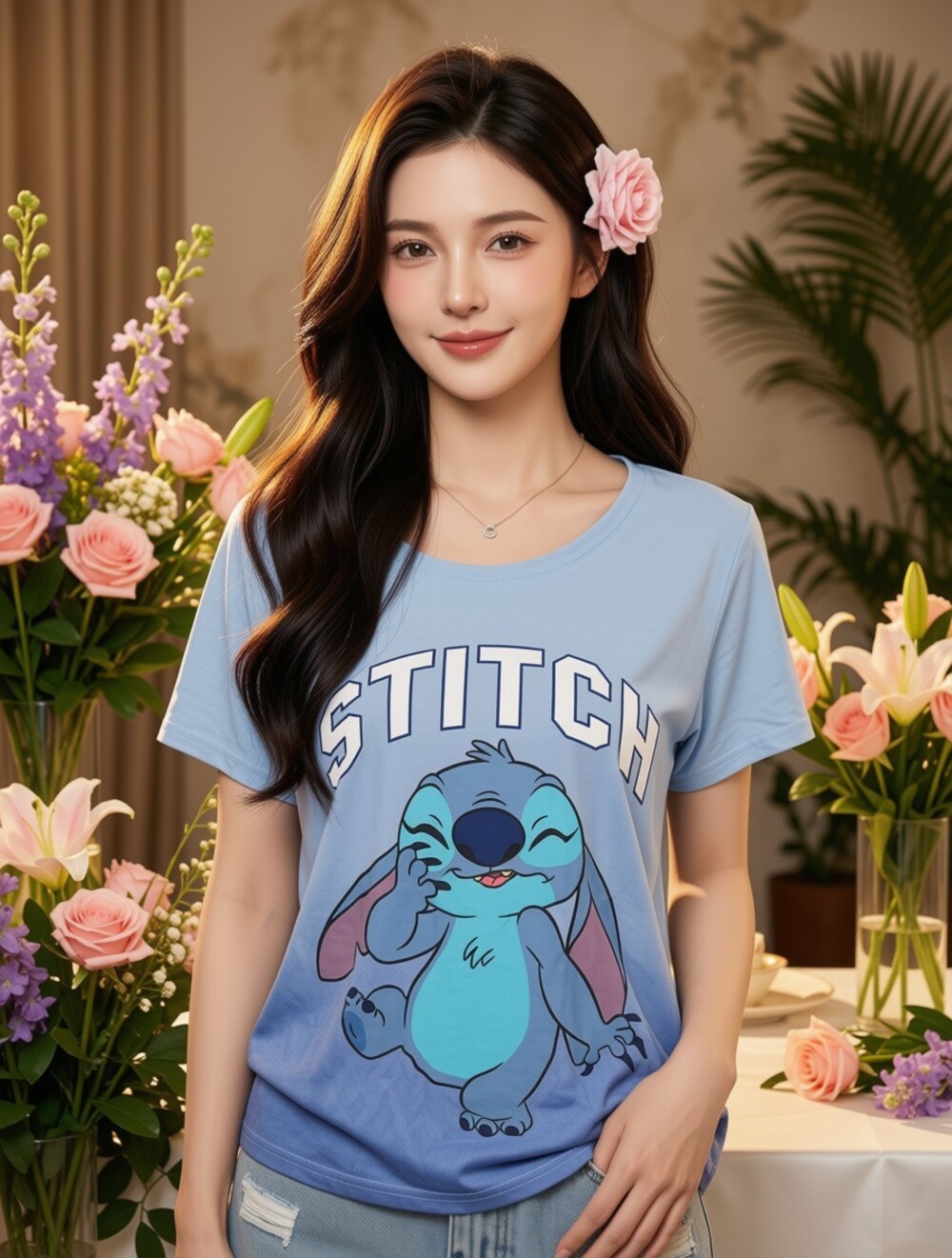 Disney Stitch Graphic T-Shirt Womens 2X Blue Short Sleeve Scoop Neck